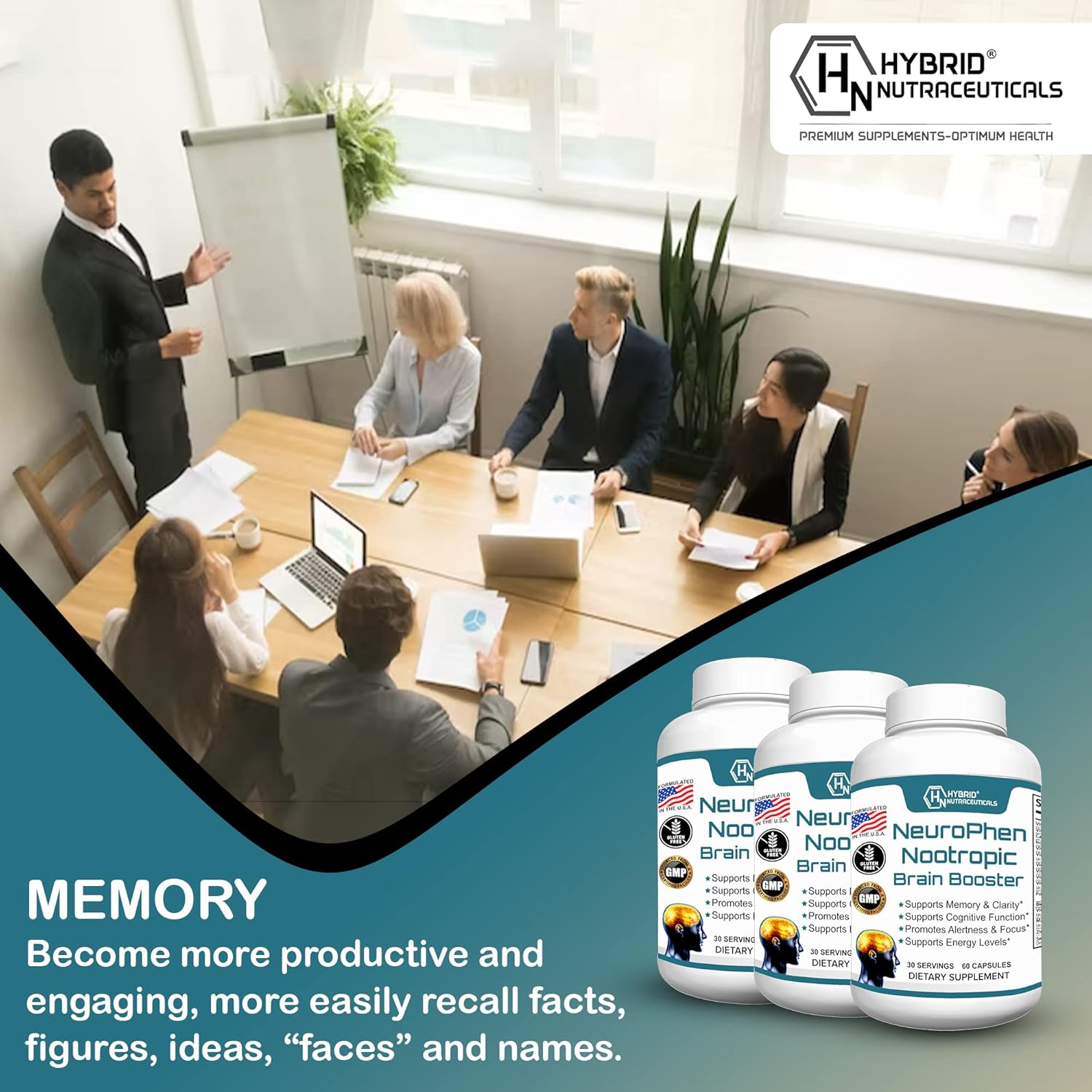 NeuroPhen Nootropics Brain Booster Supplement with Bacopa Extract, Phosphatidylserine, Huperzine A - 60 Capsules for Focus and Memory