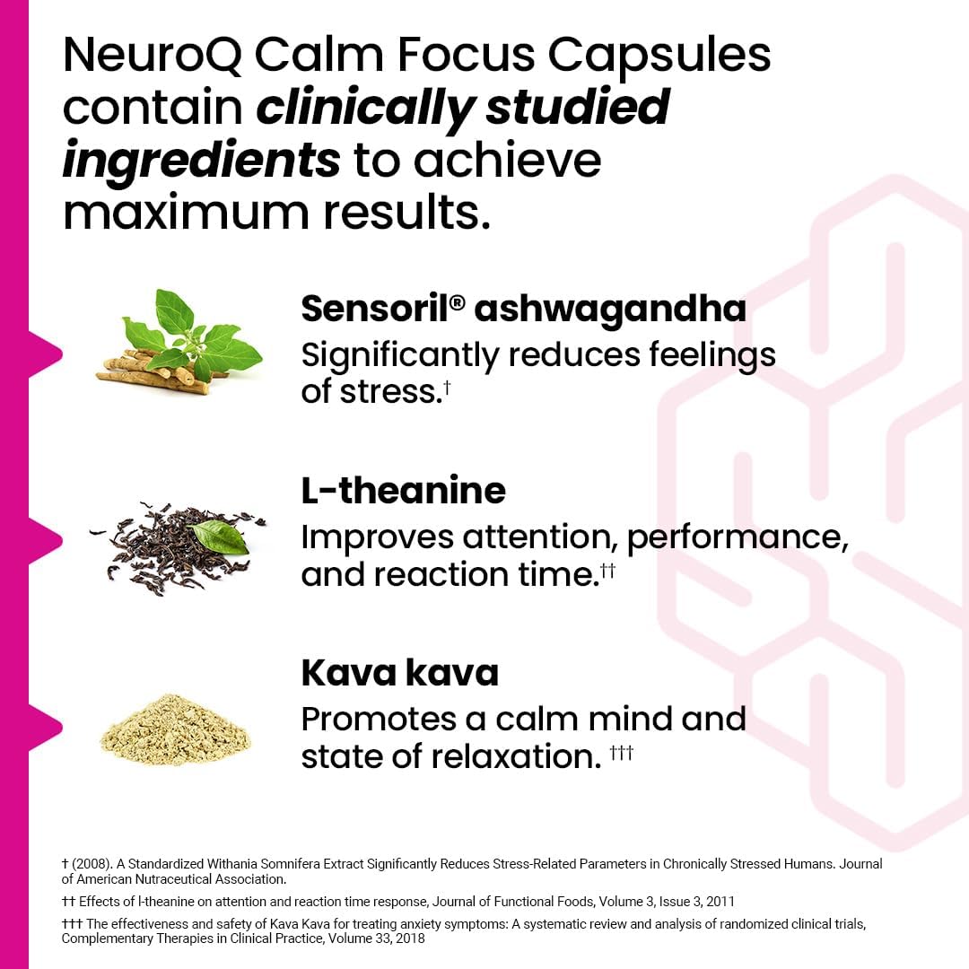 NeuroQ Calm Focus Capsules - Stress Relief Supplement with Sensoril Ashwagandha, Magnesium, GABA, L-Theanine, Andean Cocoa, Kava Kava - 60 Capsules