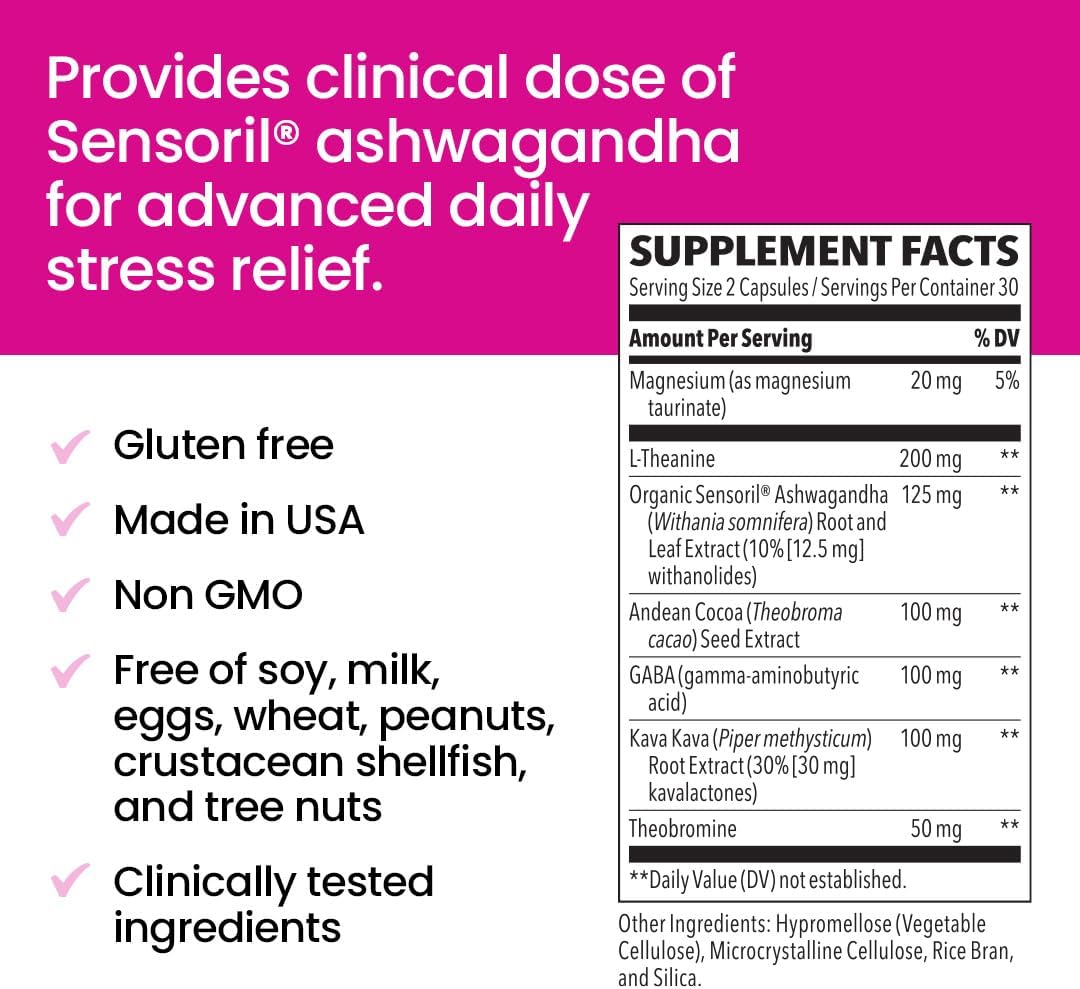 NeuroQ Calm Focus Capsules - Stress Relief Supplement with Sensoril Ashwagandha, Magnesium, GABA, L-Theanine, Andean Cocoa, Kava Kava - 60 Capsules
