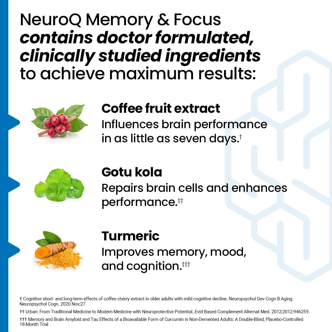 NeuroQ Memory & Focus - Cognitive Performance Support with Dr. Dale Bredesen's Neuroprotective Formula - Gotu Kola, Ginkgo, Phosphatidylserine - 60 Capsules - BoostGo Australia