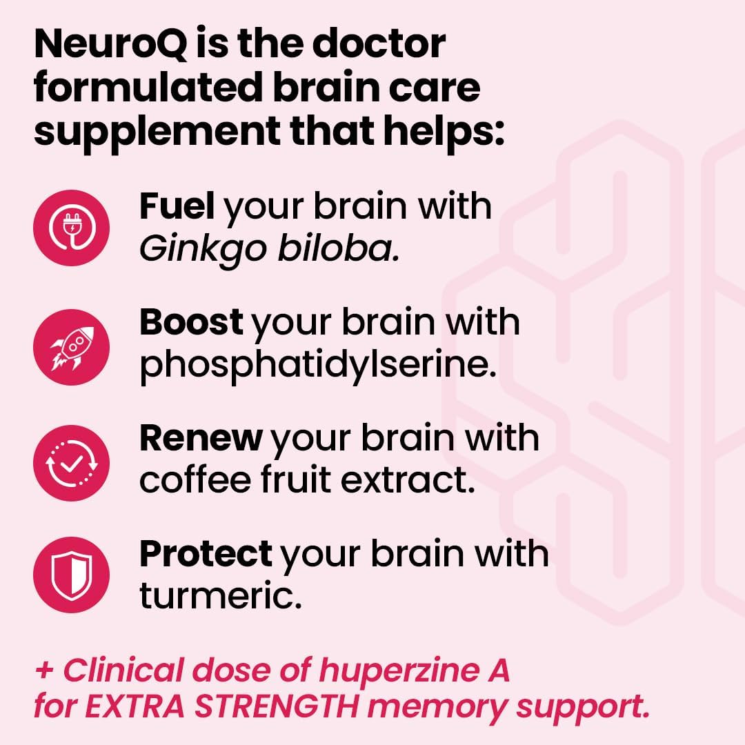 NeuroQ Memory & Focus Extra Strength Capsules - Cognitive Performance Booster with Huperzine A, Gotu Kola, Ginkgo & Coffee Fruit - Supports Brain Function & Concentration - 60 Count
