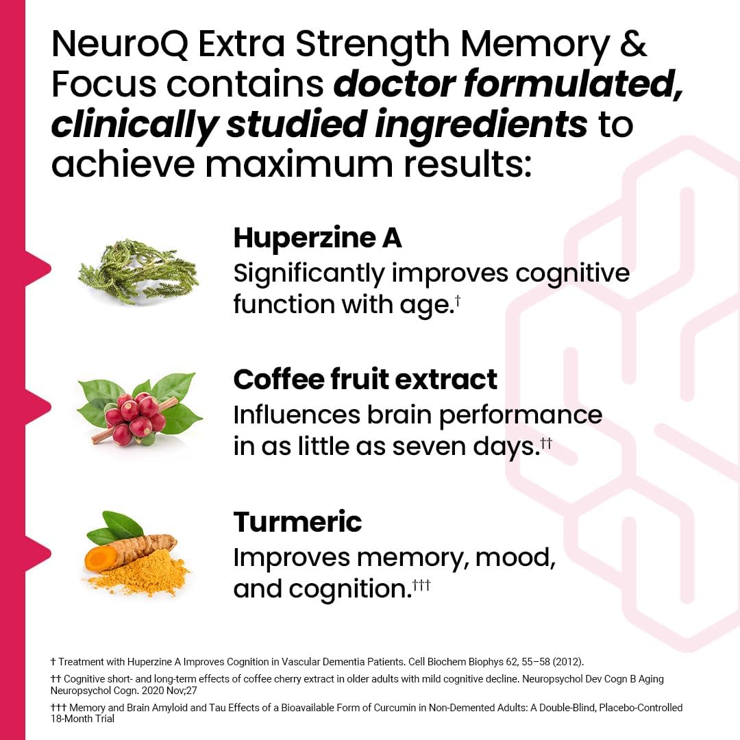 NeuroQ Memory & Focus Extra Strength Capsules - Cognitive Performance Booster with Huperzine A, Gotu Kola, Ginkgo & Coffee Fruit - Supports Brain Function & Concentration - 60 Count