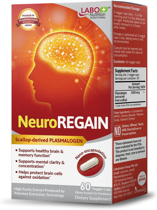 NeuroREGAIN Scallop PLASMALOGEN Boosts Brain Health for Seniors & Adults - Memory, Alertness, Learning, Concentration & Cognitive Function Support