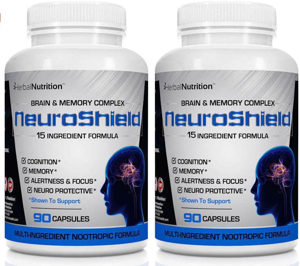 NeuroShield Herbal Brain Supplement with Nootropic Boosters for Memory & Brain Health - 2 Bottles, 180 Capsules