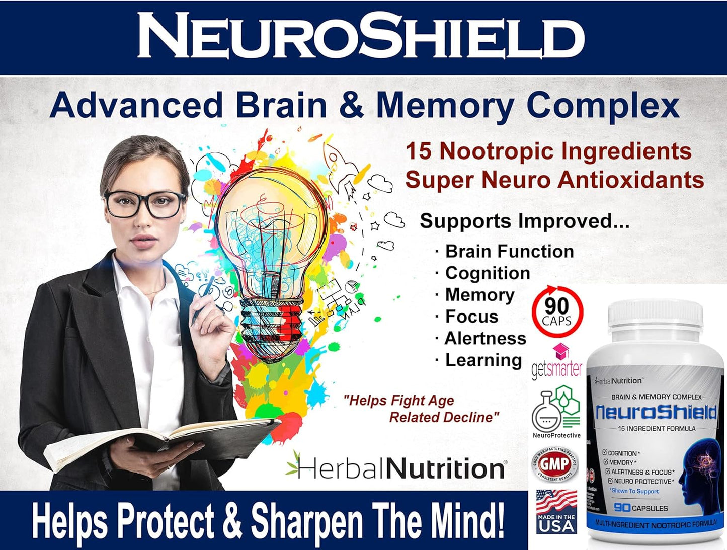 NeuroShield Herbal Brain Supplement with Nootropic Boosters for Memory & Brain Health - 2 Bottles, 180 Capsules