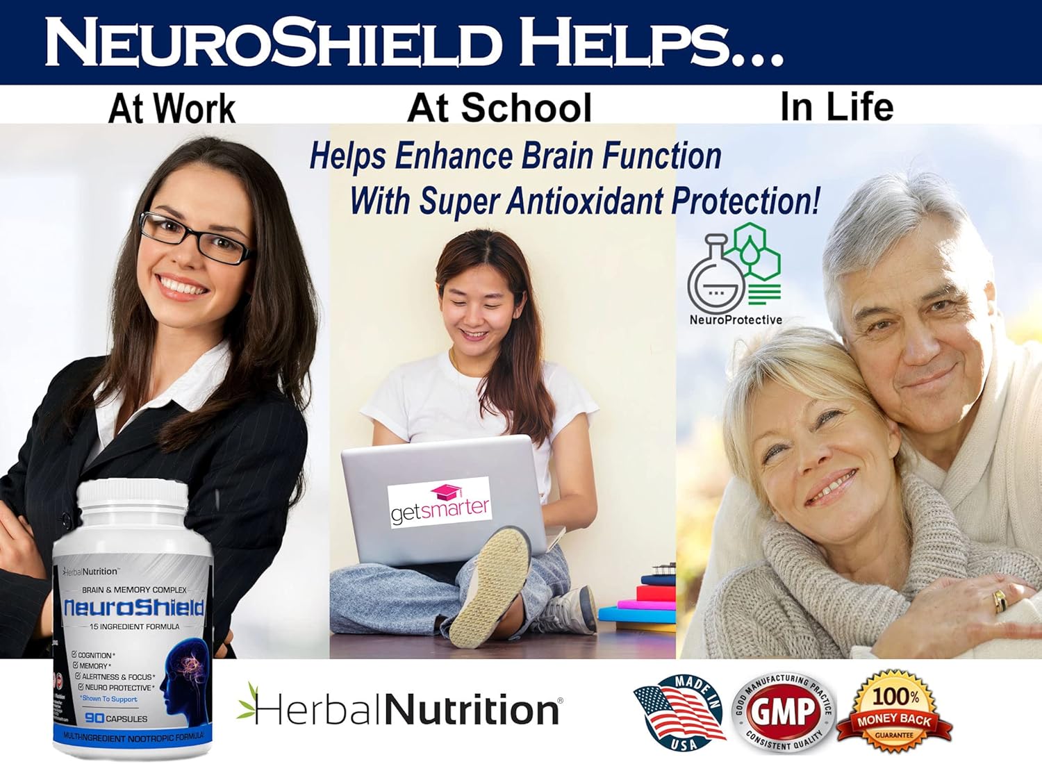 NeuroShield Herbal Brain Supplement with Nootropic Boosters for Memory & Brain Health - 2 Bottles, 180 Capsules