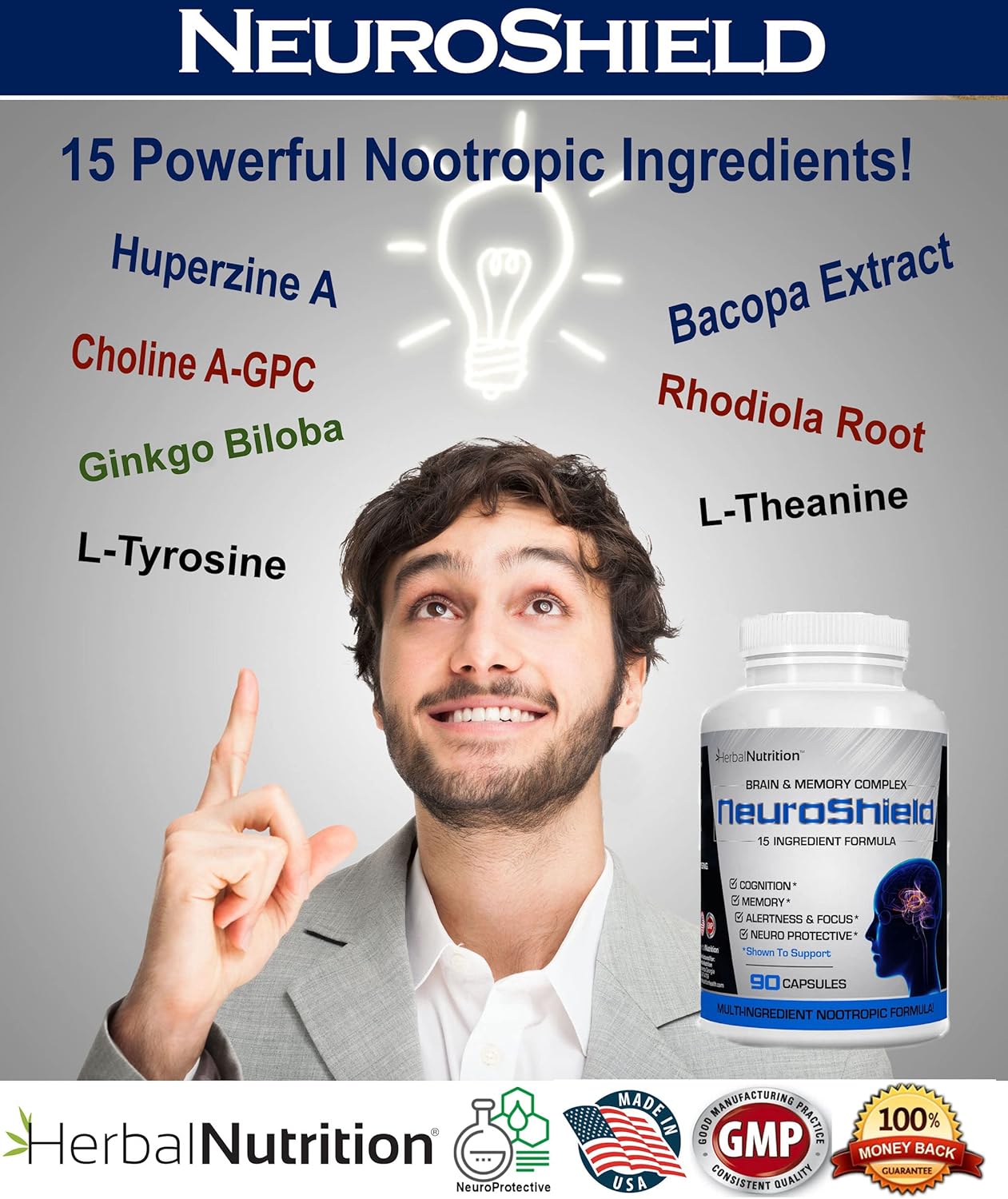 NeuroShield Herbal Brain Supplement with Nootropic Boosters for Memory & Brain Health - 2 Bottles, 180 Capsules