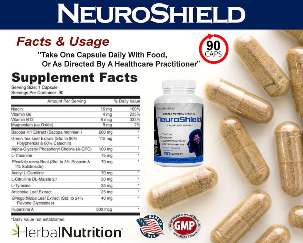 NeuroShield Herbal Brain Supplement with Nootropic Boosters for Memory & Brain Health - 2 Bottles, 180 Capsules