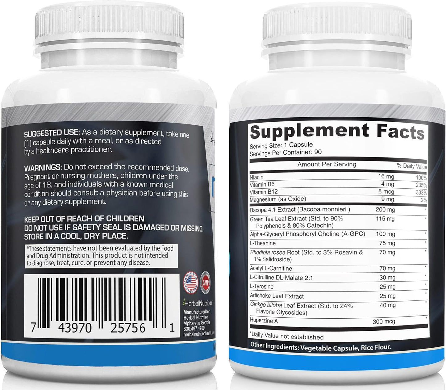 NeuroShield Herbal Brain Supplement with Nootropic Boosters for Memory & Brain Health - 2 Bottles, 180 Capsules