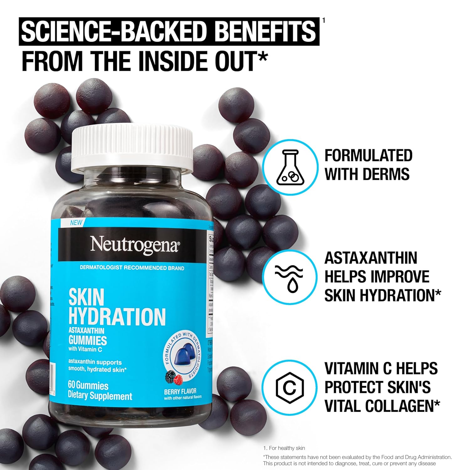 Neutrogena Skin Hydration Gummies with Astaxanthin & Vitamin C - 60 ct - Berry Flavor - Antioxidant Skincare Supplements for Healthy, Smooth Skin