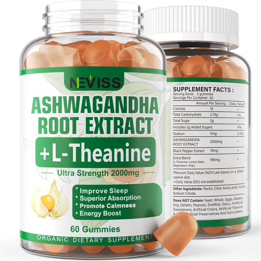 NEVISS Ashwagandha Gummies 2000mg with 5-HTP, L-Theanine, Lemon Balm, Magnesium - Calm, Zzzs, Mood, Energy & Relaxation Support - 60 Count