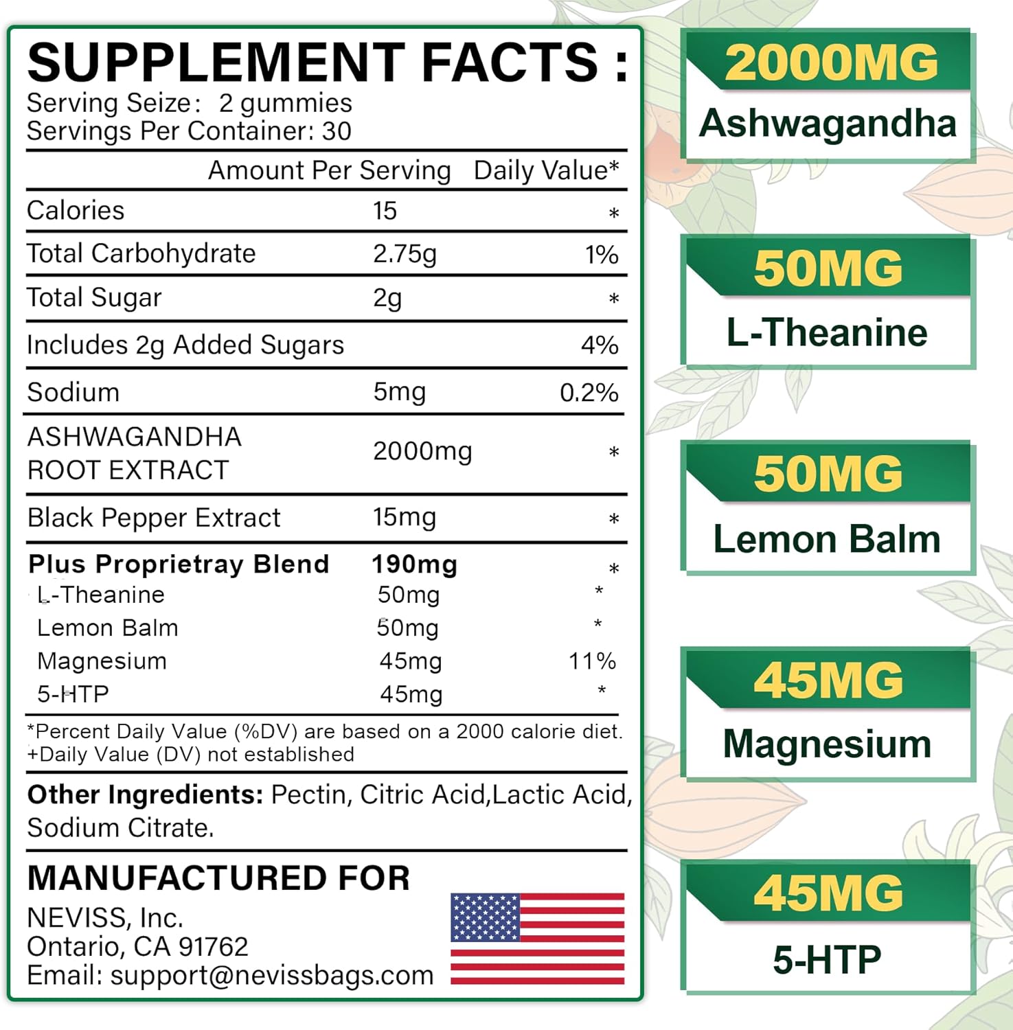 NEVISS Ashwagandha Gummies 2000mg with 5-HTP, L-Theanine, Lemon Balm, Magnesium - Calm, Zzzs, Mood, Energy & Relaxation Support - 60 Count