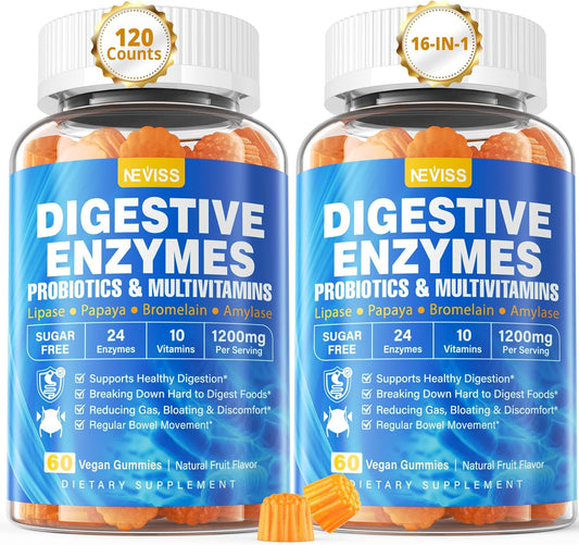 NEVISS Digestive Enzyme Probiotic Gummies Multivitamins Calcium Magnesium Chewable Papaya Lipase Amylase Bromelain 2 Packs