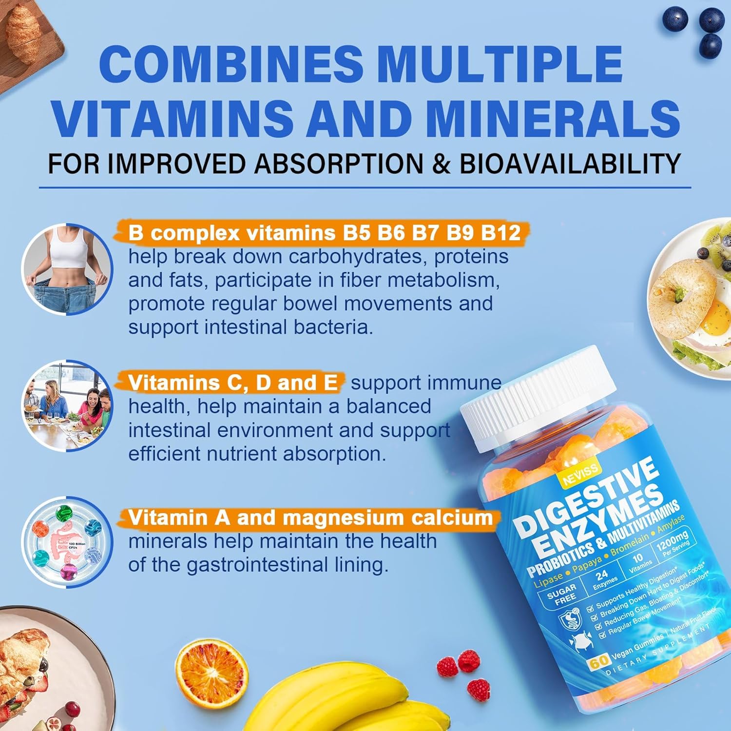 NEVISS Digestive Enzyme Probiotic Gummies Multivitamins Calcium Magnesium Chewable Papaya Lipase Amylase Bromelain 2 Packs