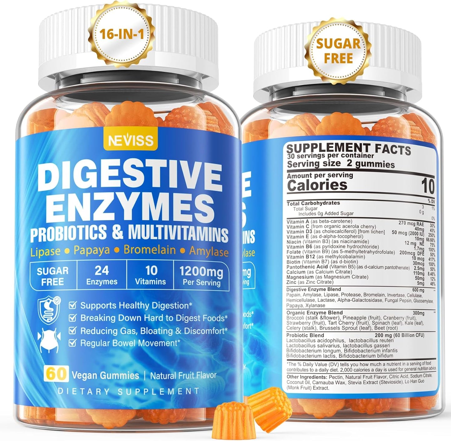 NEVISS Digestive Enzyme Probiotic Gummies with Multivitamins and Minerals - Chewable Enzymes for Breaking Down Carbs, Proteins, Fats - Papaya, Lipase, Amylase, Bromelain - 24 Essential Nutrients