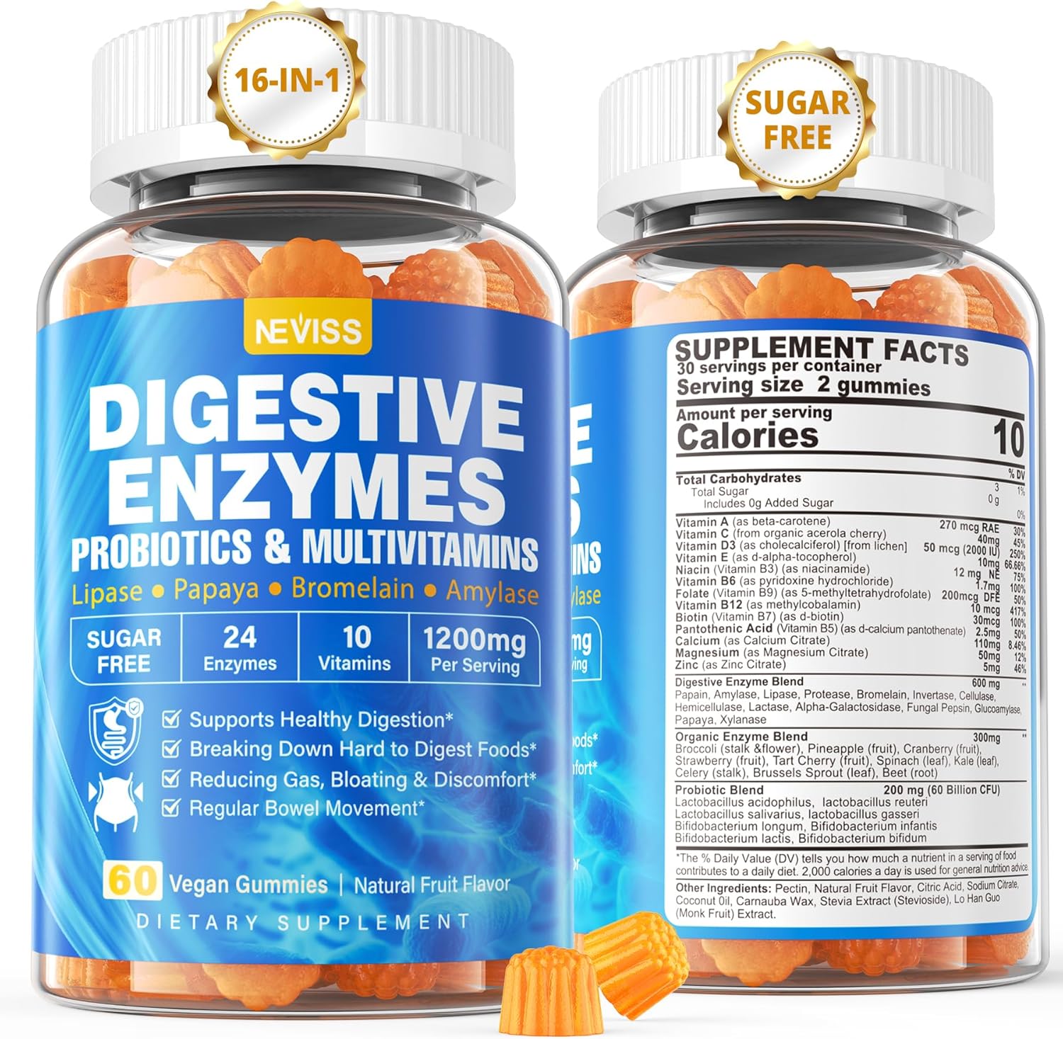 NEVISS Digestive Enzyme Probiotic Gummies with Multivitamins and Minerals - Chewable Enzymes for Breaking Down Carbs, Proteins, Fats - Papaya, Lipase, Amylase, Bromelain - 24 Essential Nutrients