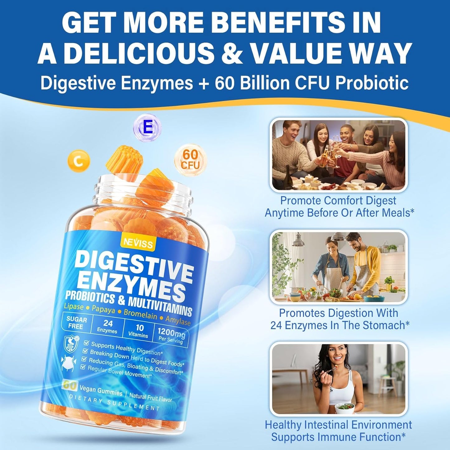 NEVISS Digestive Enzyme Probiotic Gummies with Multivitamins and Minerals - Chewable Enzymes for Breaking Down Carbs, Proteins, Fats - Papaya, Lipase, Amylase, Bromelain - 24 Essential Nutrients