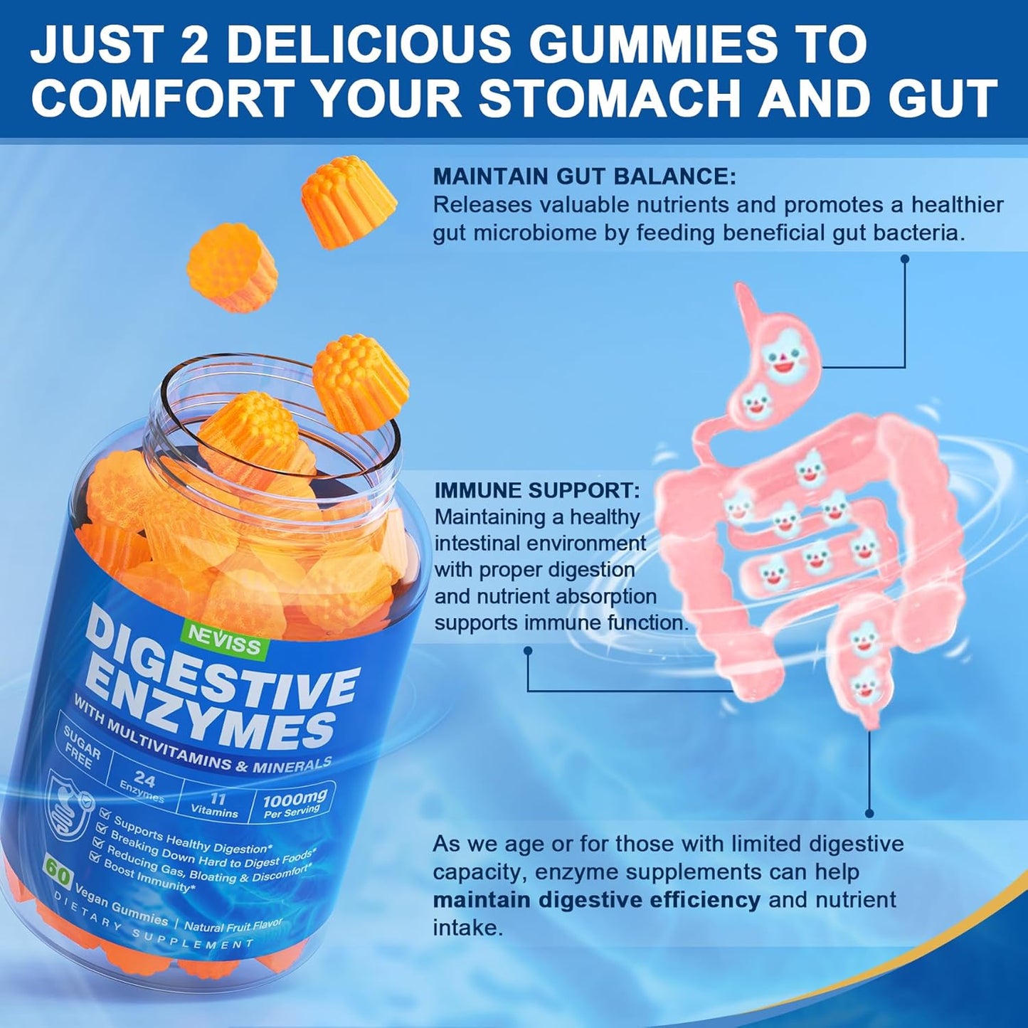 NEVISS Digestive Enzyme Probiotic Gummies with Multivitamins and Minerals - Chewable Enzymes for Breaking Down Carbs, Proteins, Fats - Papaya, Lipase, Amylase, Bromelain - 24 Essential Nutrients