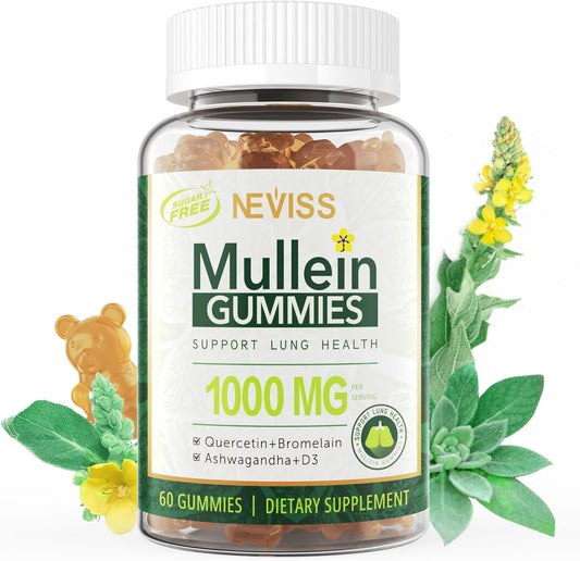 NEVISS Mullein Leaf Extract Gummies 1000mg for Lung Health, Respiratory Support with Quercetin & Bromelain, D3, Vegan - 60 Count