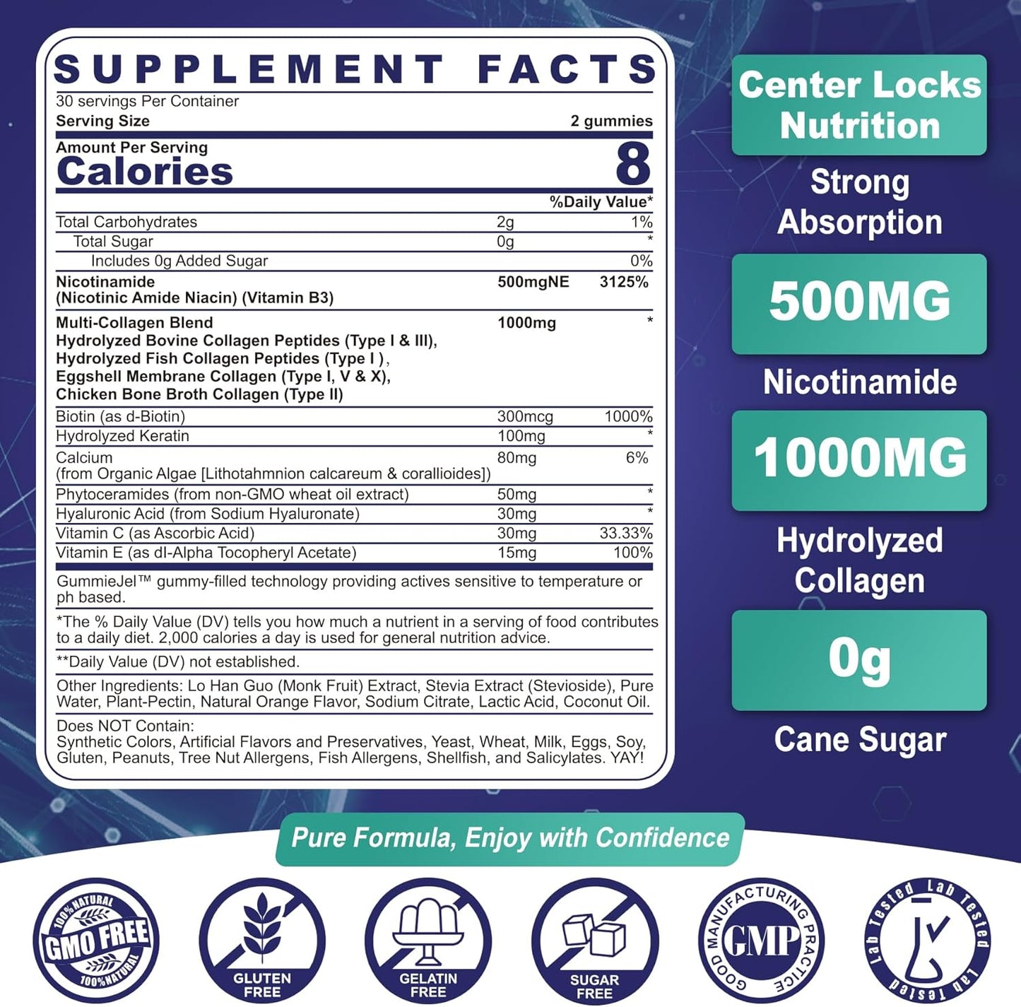 NEVISS Nicotinamide 500mg Gummies with Niacinamide & Collagen Peptides for Longevity & Brain Health - 60 Count