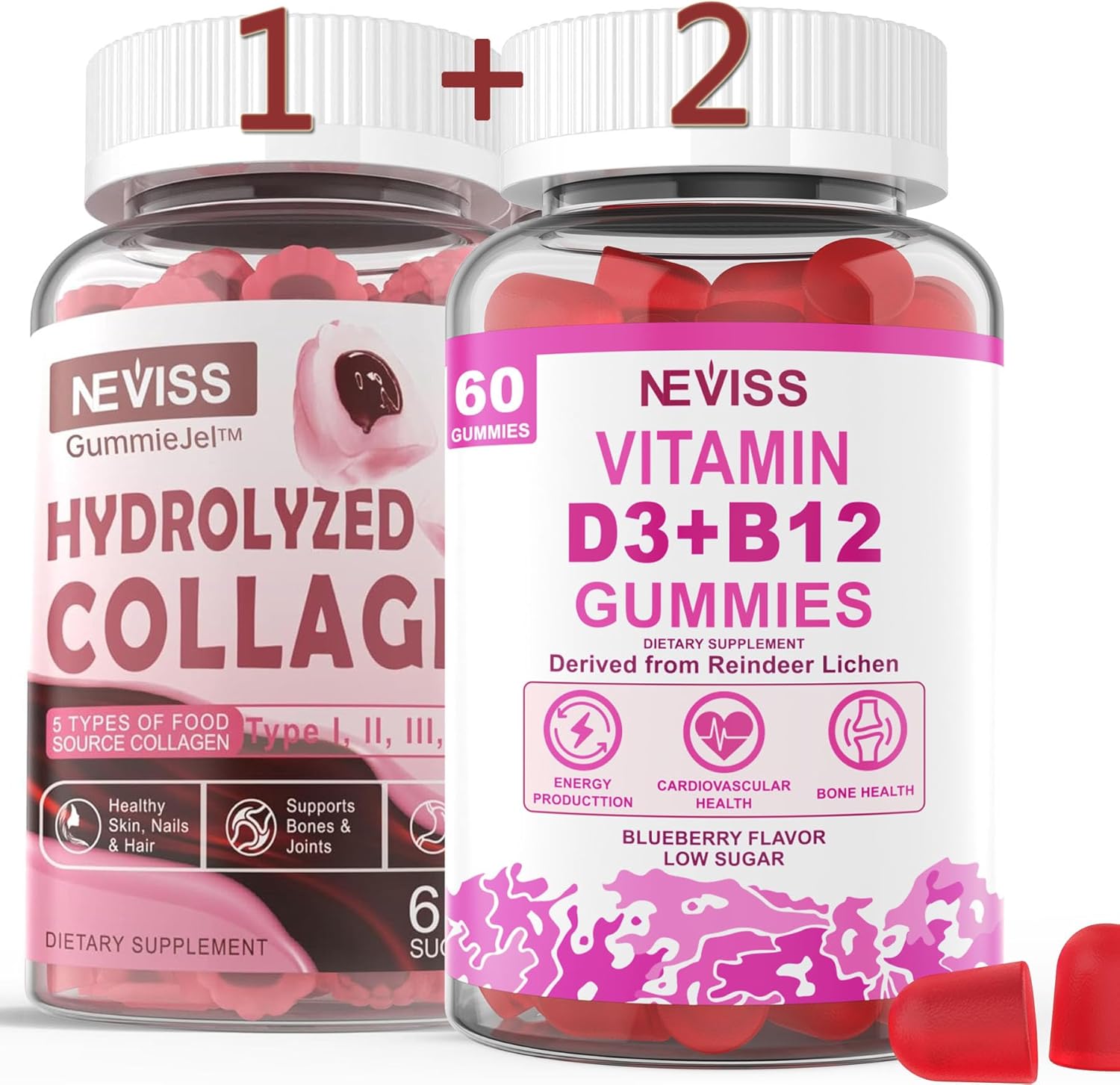 NEVISS Vegan Collagen Peptides Gummies with Vitamin D3 and B12, 3-Pack