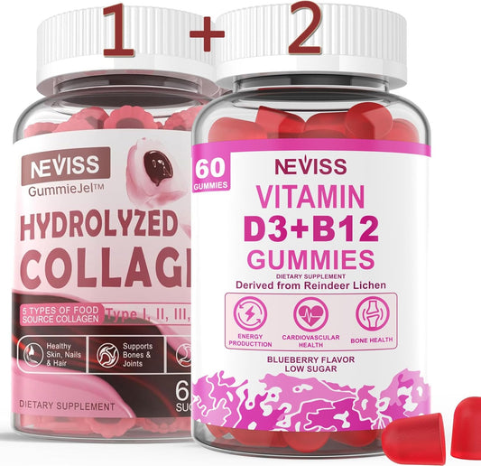 NEVISS Vegan Collagen Peptides Gummies with Vitamin D3 and B12, 3-Pack
