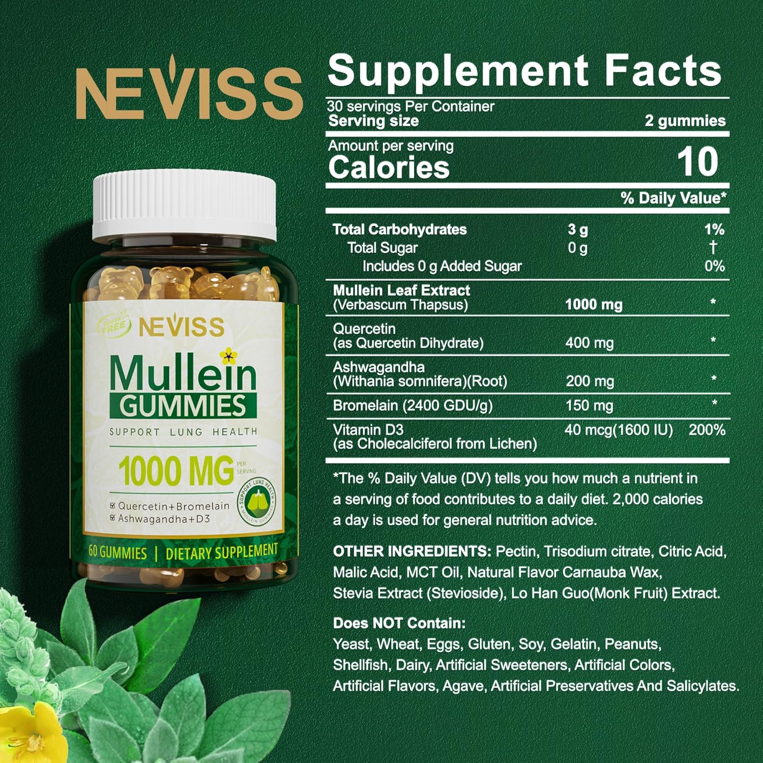 NEVISS Vegan Iron Gummies with 12.5mg Carbonyl Iron - Sugar Free Mullein Supplement