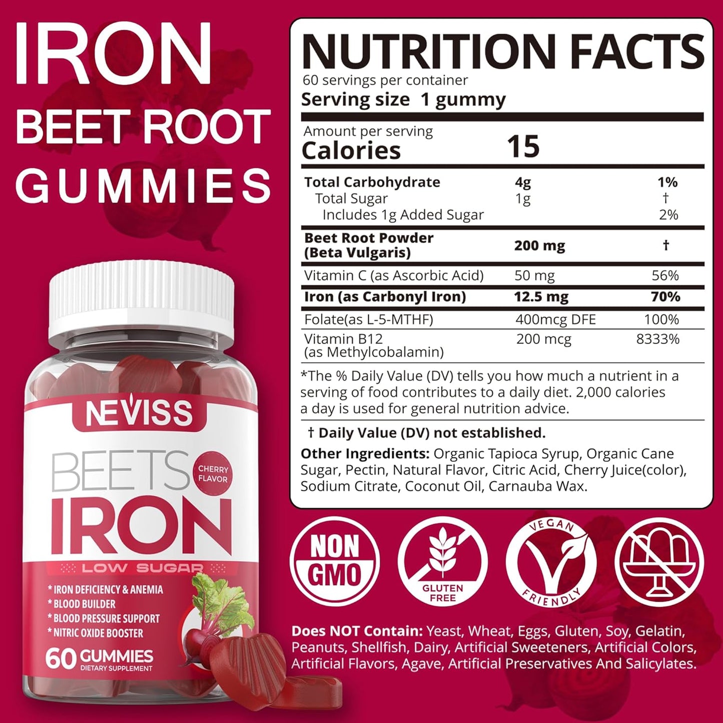 NEVISS Vegan Iron Gummies with 12.5mg Carbonyl Iron - Sugar Free Mullein Supplement