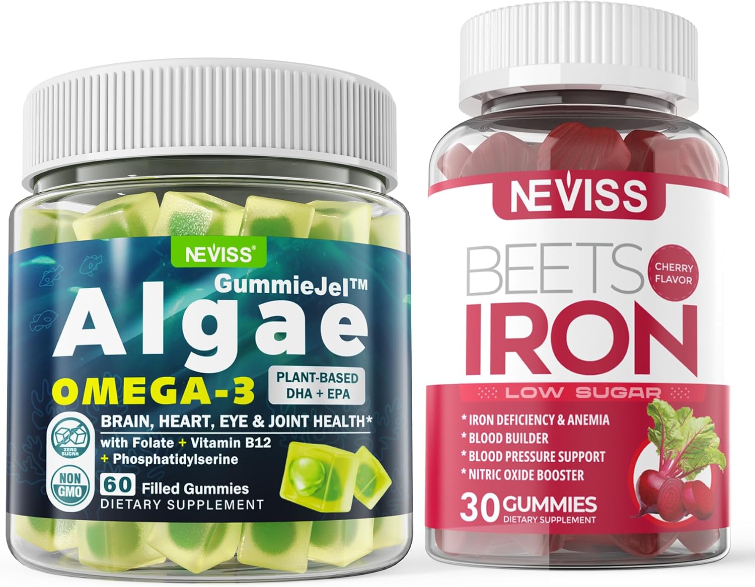 NEVISS Vegan Omega 3 Gummies with 1000mg and Iron 12.5mg Supplement