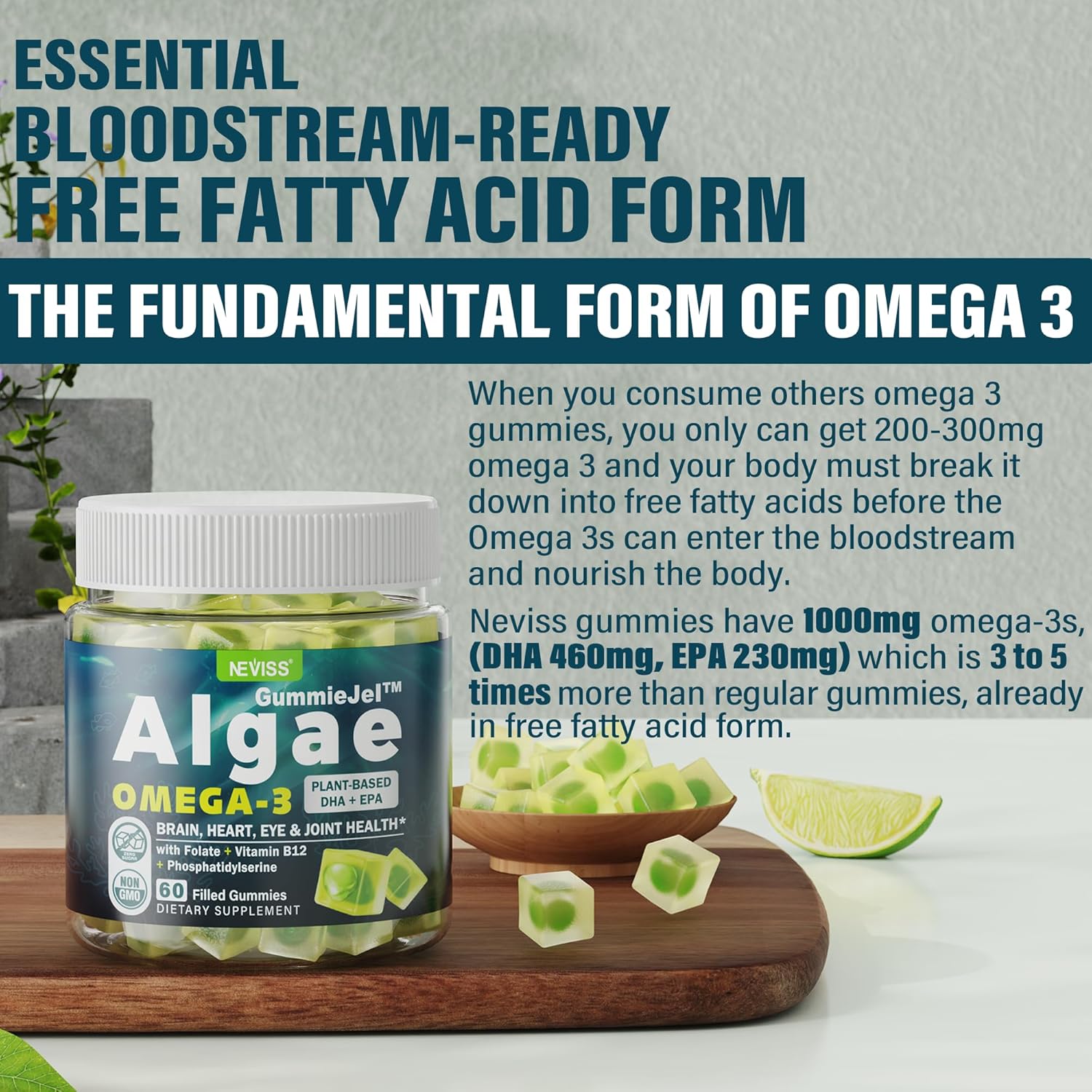 NEVISS Vegan Omega 3 Gummies with 1000mg and Iron 12.5mg Supplement