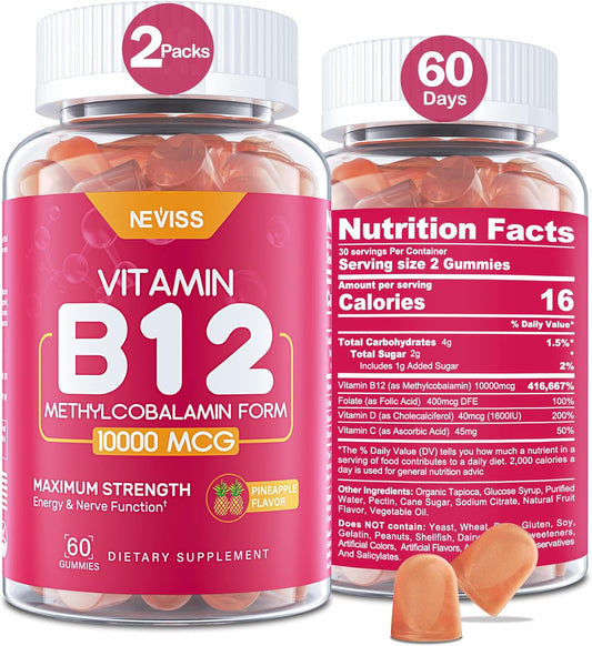 NEVISS Vitamin B12 10000 mcg Gummies with Vitamin D3, Folate & C for Energy, Metabolism & Immune Support, 120 Count
