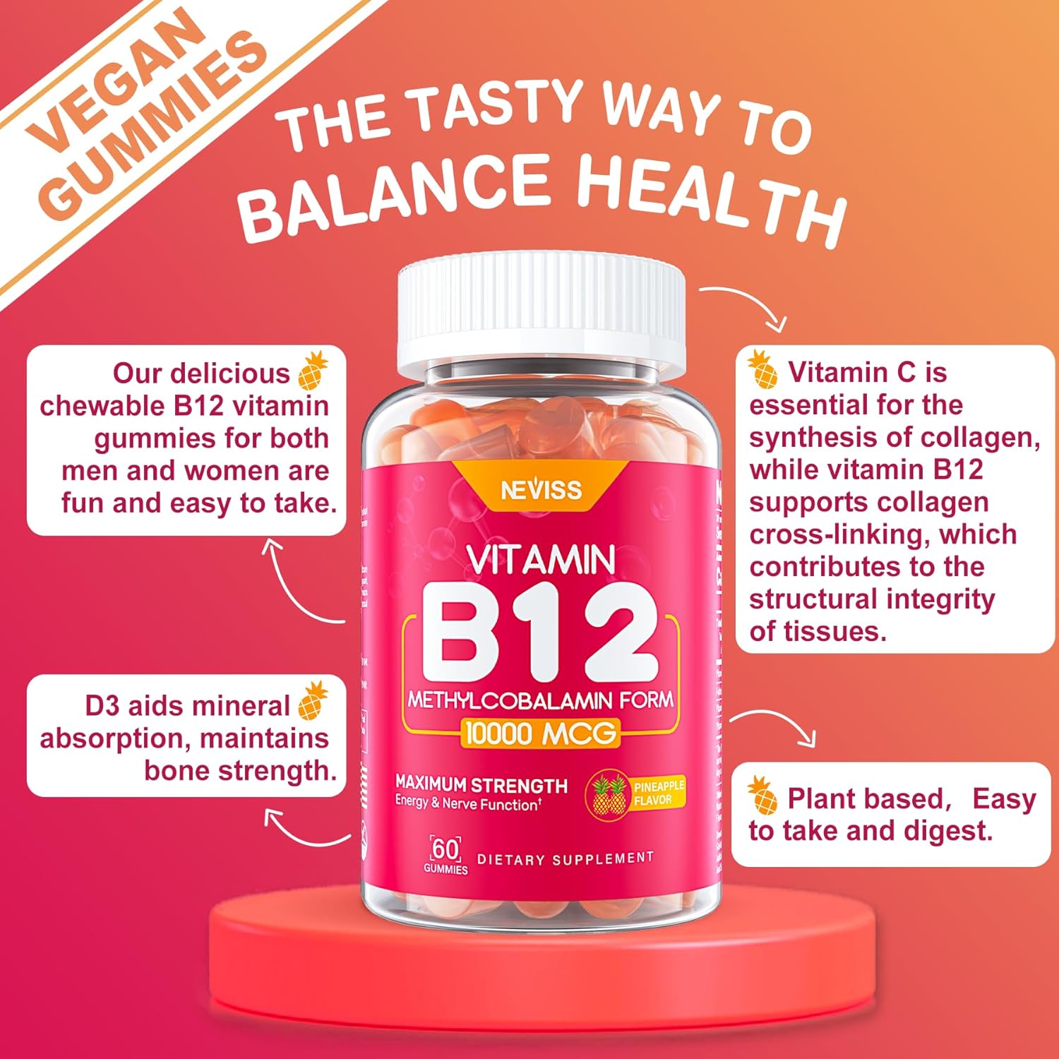 NEVISS Vitamin B12 10000 mcg Gummies with Vitamin D3, Folate & C for Energy, Metabolism & Immune Support, 120 Count