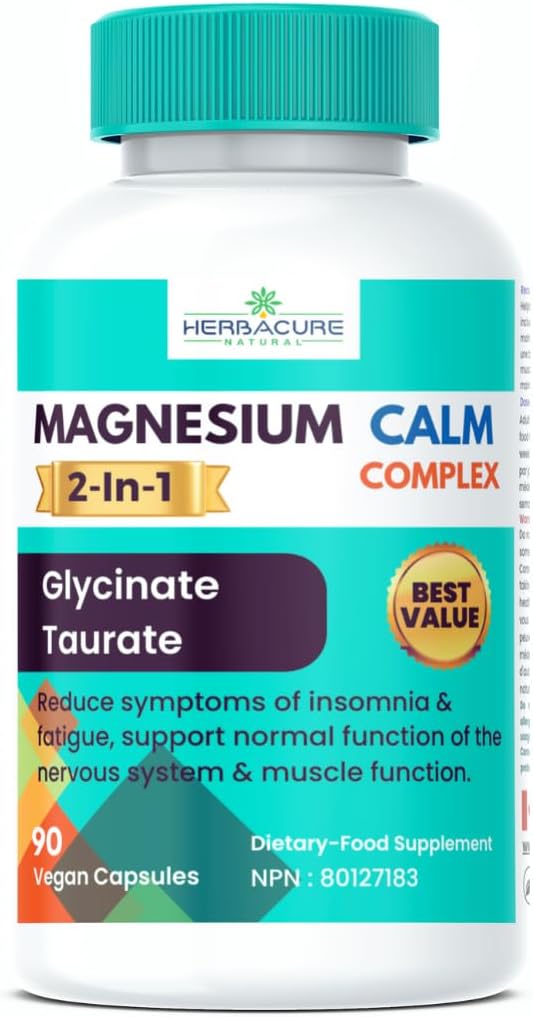 New 2024 HerbaCure Natural Magnesium Calm Complex - 2 in 1 Glycinate and Taurate (90 Units) - USA Sourced Ingredients Only