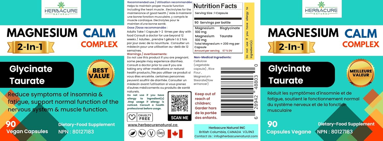New 2024 HerbaCure Natural Magnesium Calm Complex - 2 in 1 Glycinate and Taurate (90 Units) - USA Sourced Ingredients Only