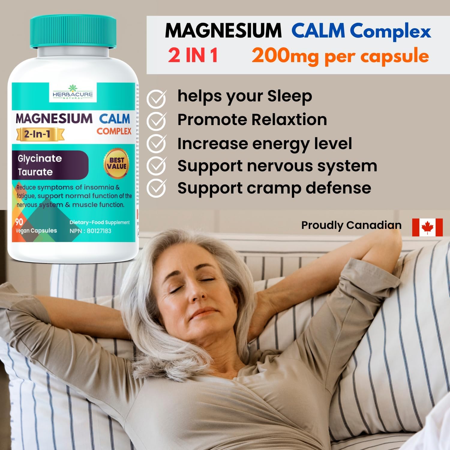 New 2024 HerbaCure Natural Magnesium Calm Complex - 2 in 1 Glycinate and Taurate (90 Units) - USA Sourced Ingredients Only