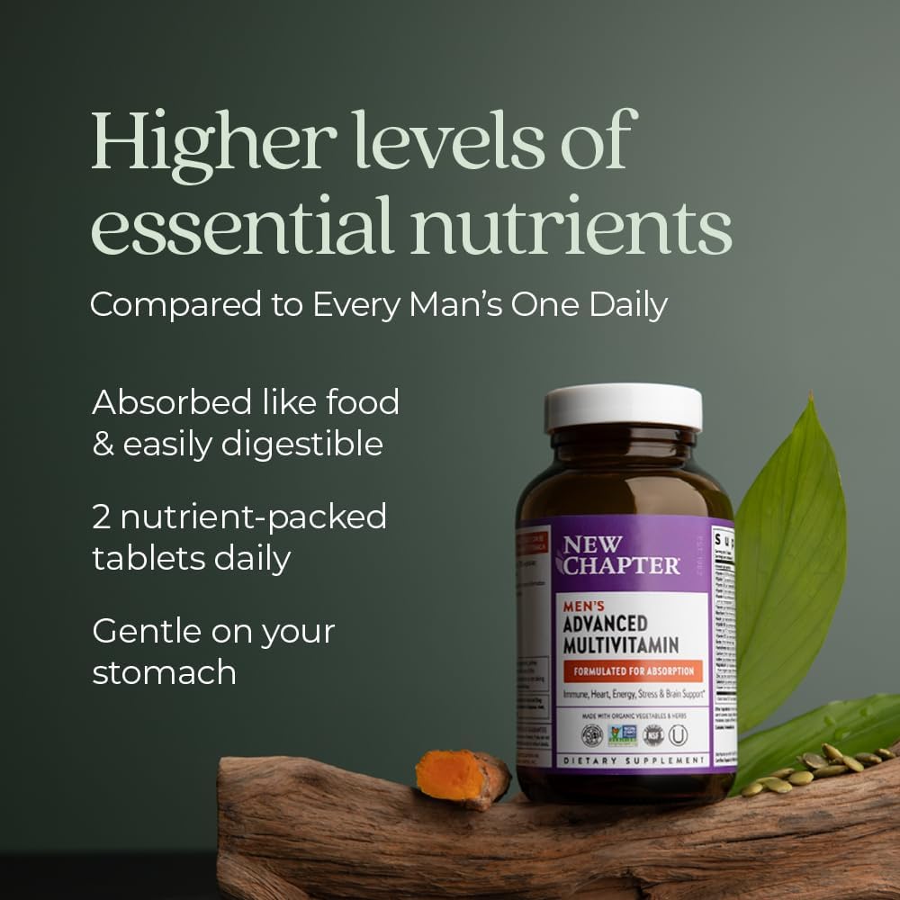 New Chapter Men's Multivitamin Advanced Formula with Whole-Food Nutrients and Selenium for Stress, Brain, Immune, Heart & Energy Support - 120 ct