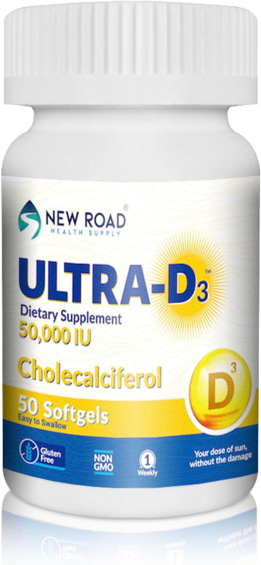 New Road Health Supply Ultra-D3 Softgel Supplement - 50000 IU Vitamin D, Weekly Dose for Bone and Immune Support, Gluten Free - 50 Count - BoostGo Australia