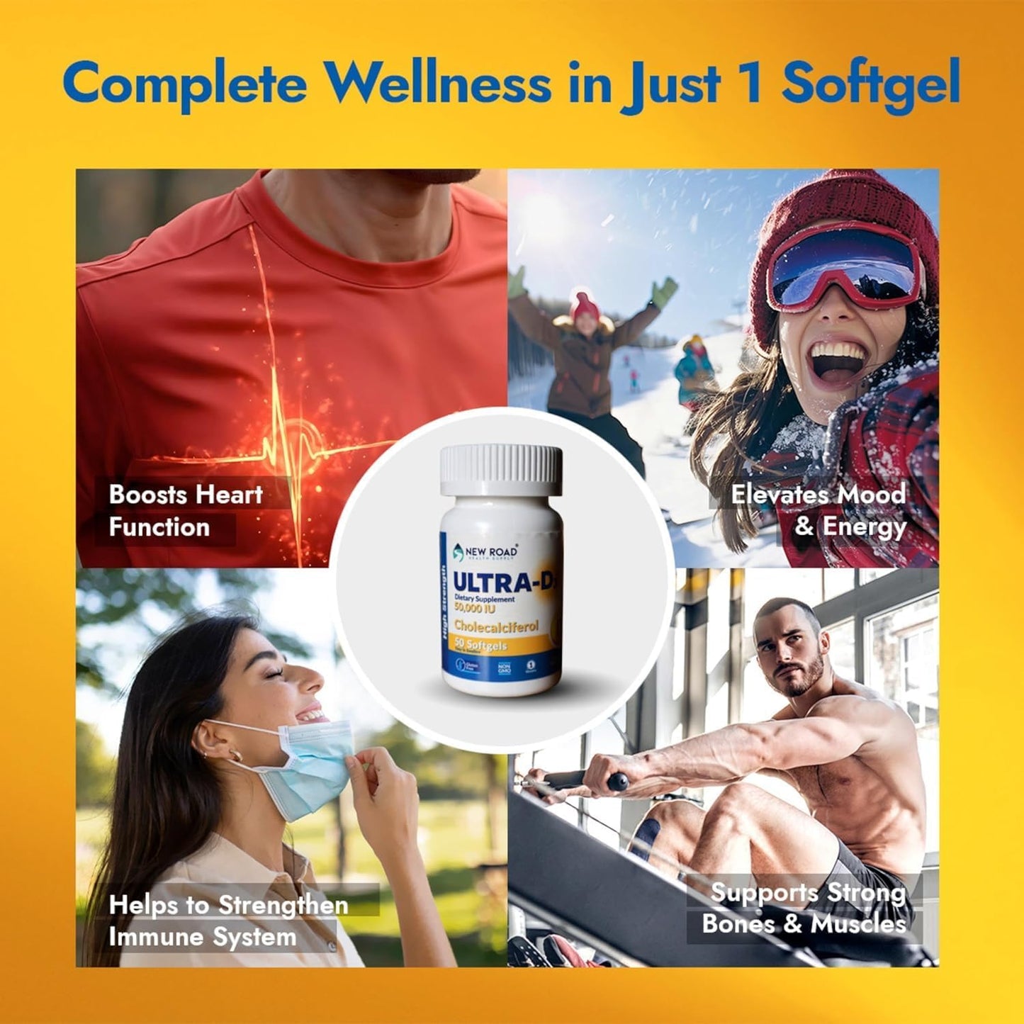 New Road Health Supply Ultra-D3 Softgel Supplement - 50000 IU Vitamin D, Weekly Dose for Bone and Immune Support, Gluten Free - 50 Count - BoostGo Australia