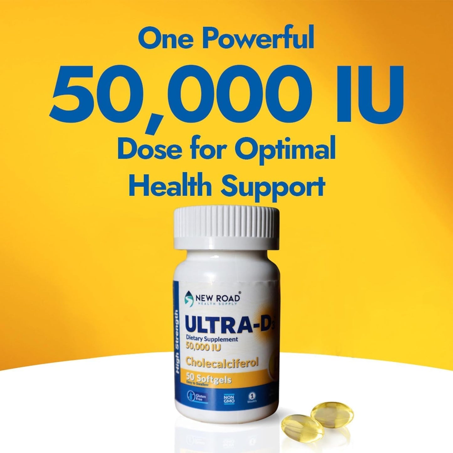 New Road Health Supply Ultra-D3 Softgel Supplement - 50000 IU Vitamin D, Weekly Dose for Bone and Immune Support, Gluten Free - 50 Count - BoostGo Australia