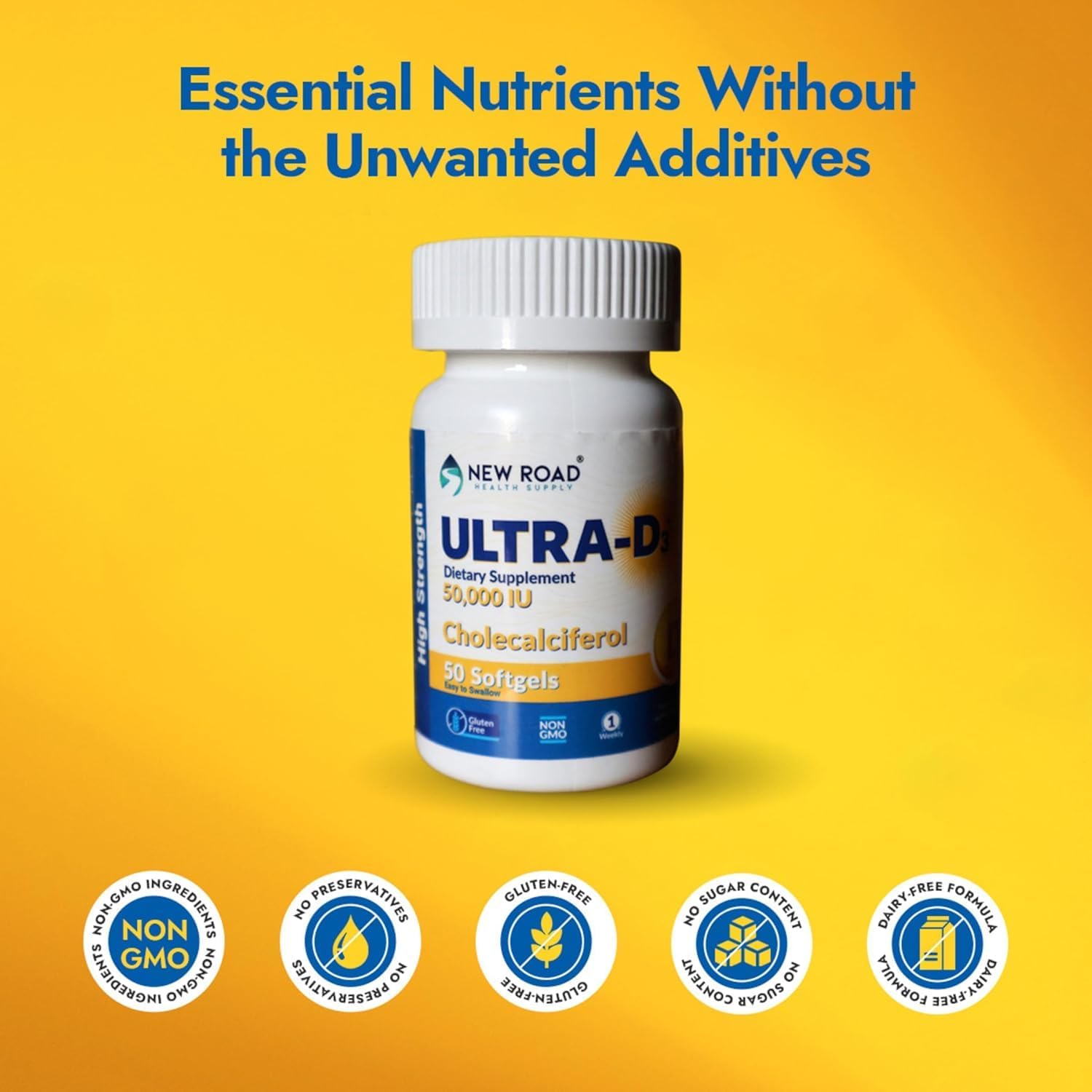 New Road Health Supply Ultra-D3 Softgel Supplement - 50000 IU Vitamin D, Weekly Dose for Bone and Immune Support, Gluten Free - 50 Count - BoostGo Australia