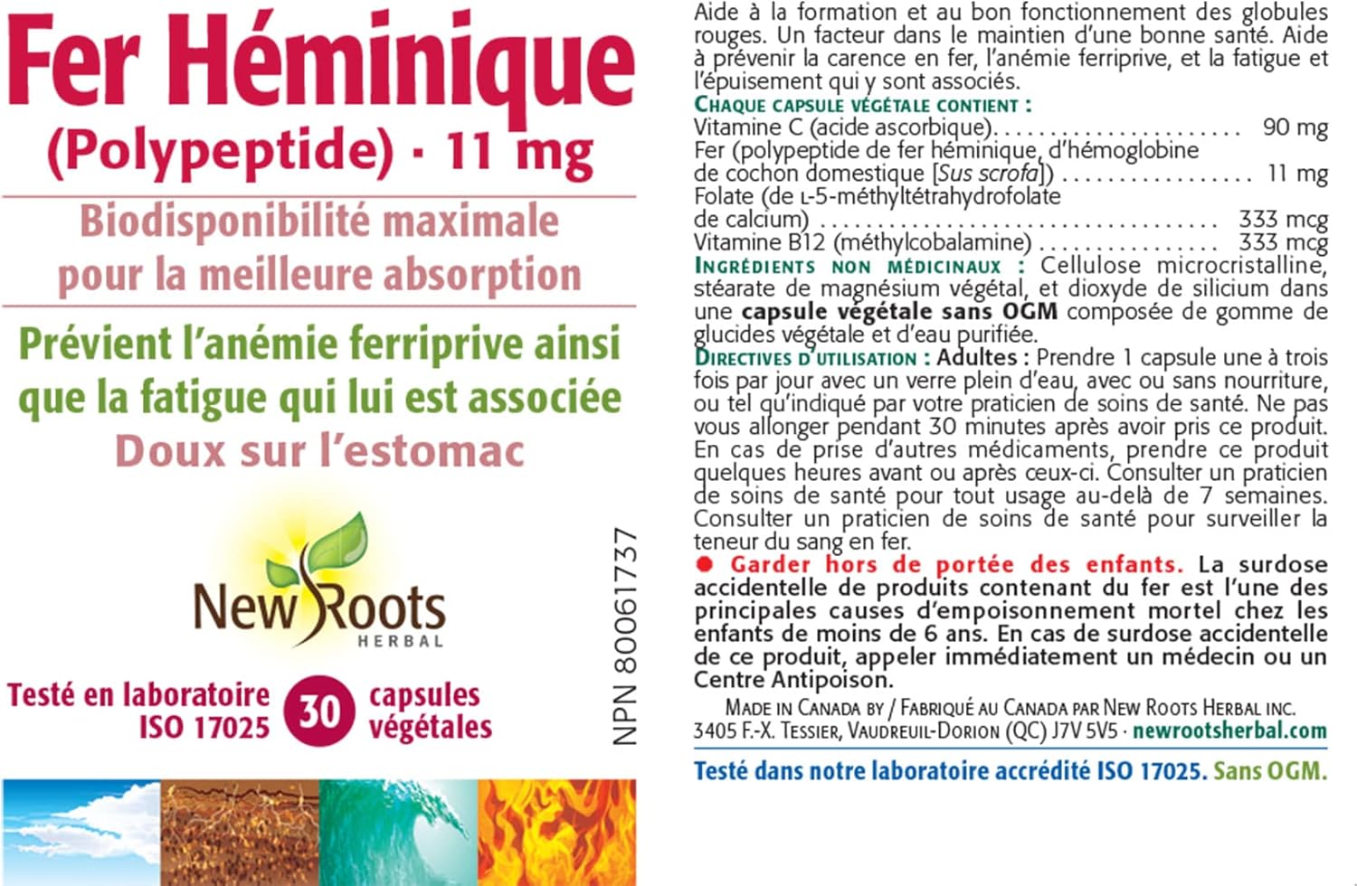 New Roots Herbal Heme Iron Supplement - 30 Capsules for Improved Iron Absorption and Overall Health