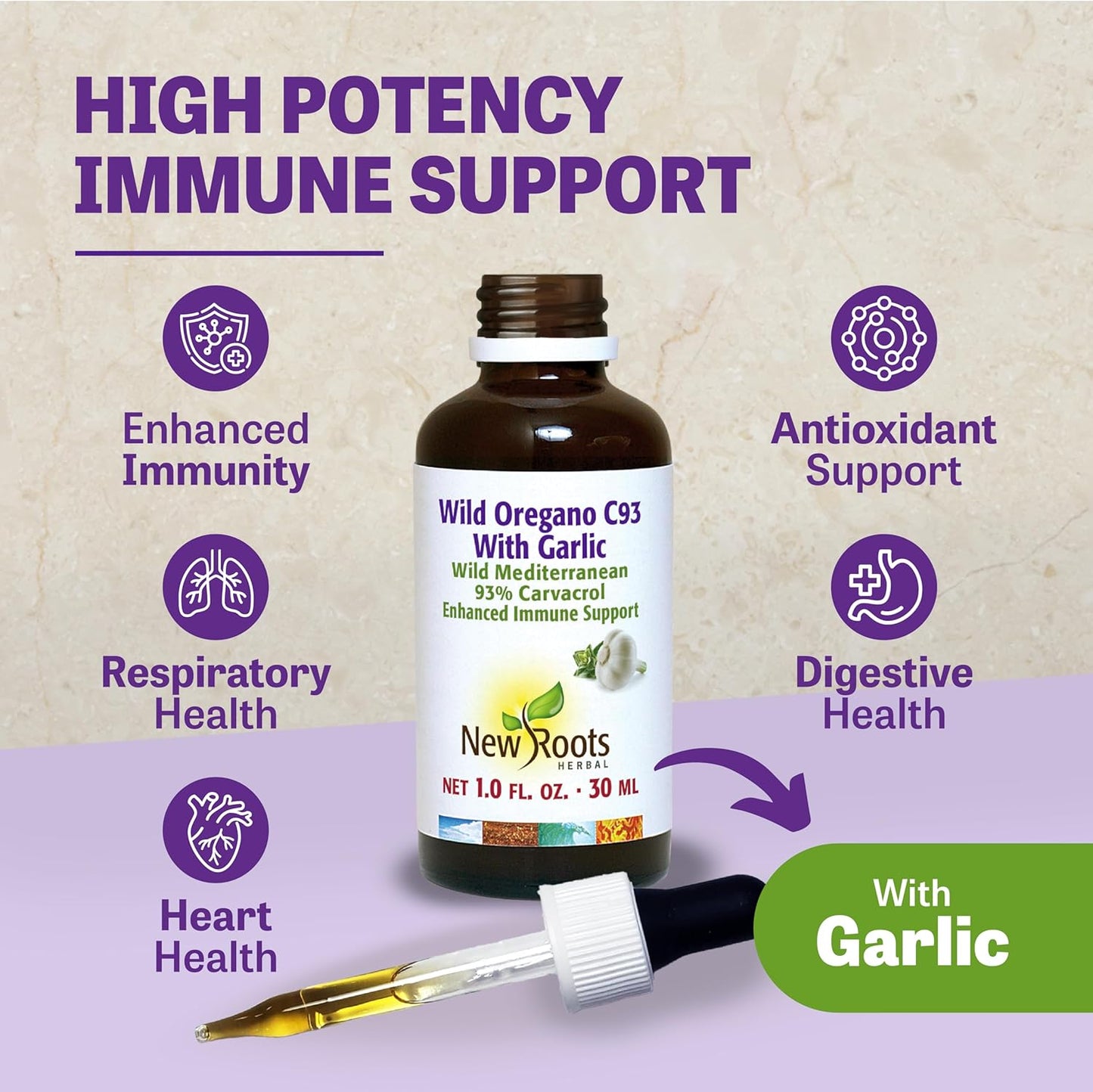 New Roots Herbal Wild Oregano Oil Drops with Garlic - 30ml - C93 Extra Strength - Highest Carvacrol Concentration
