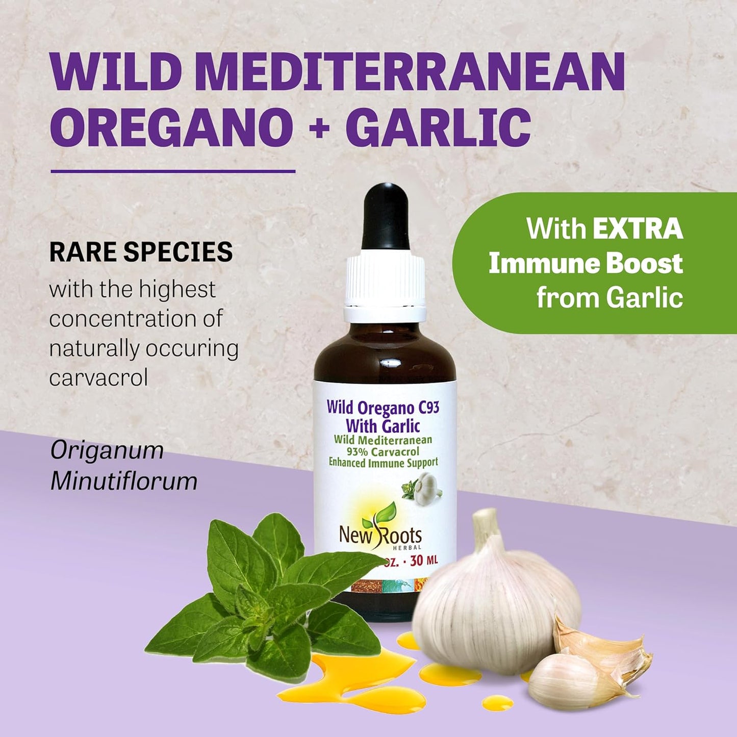 New Roots Herbal Wild Oregano Oil Drops with Garlic - 30ml - C93 Extra Strength - Highest Carvacrol Concentration