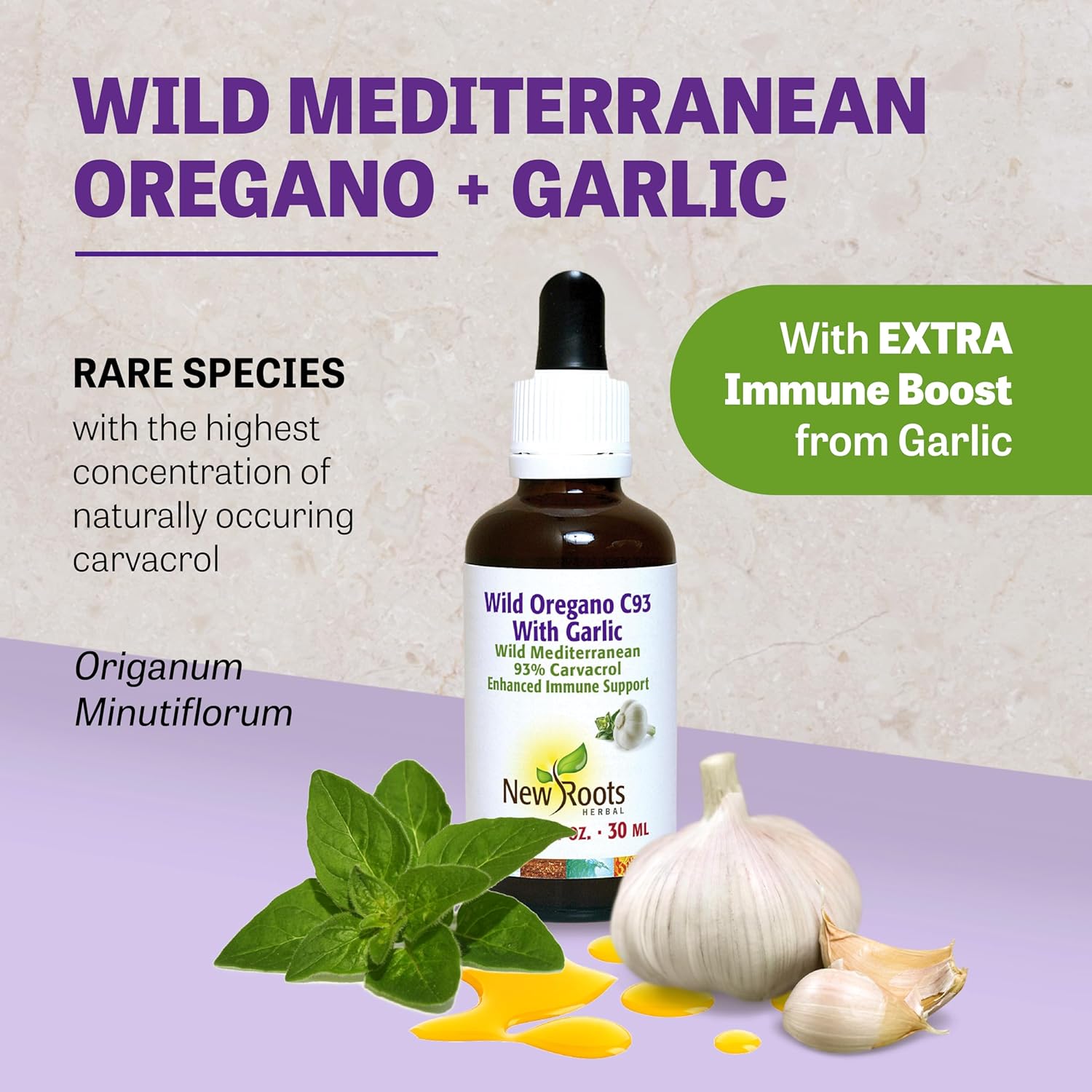 New Roots Herbal Wild Oregano Oil Drops with Garlic - 30ml - C93 Extra Strength - Highest Carvacrol Concentration