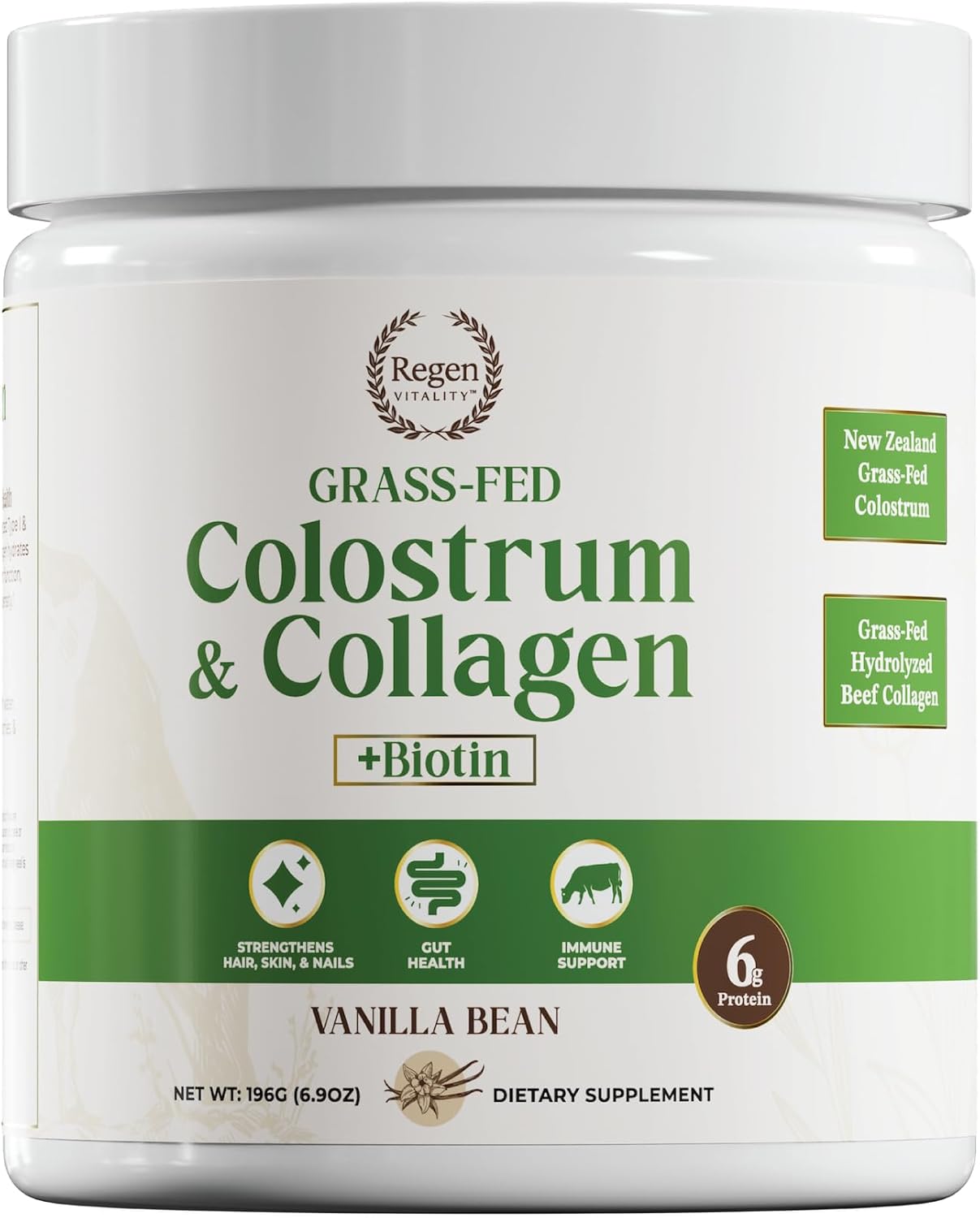 New Zealand Bovine Colostrum & Collagen Powder for Gut, Hair, Skin, Joints - Vanilla Bean (28 Servings)