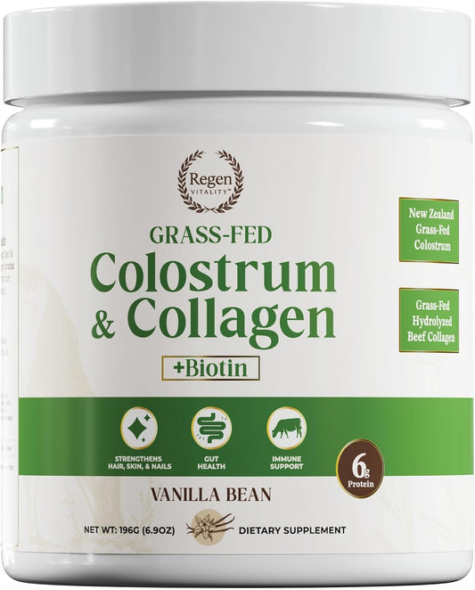 New Zealand Bovine Colostrum & Collagen Powder for Gut, Hair, Skin, Joints - Vanilla Bean (28 Servings)
