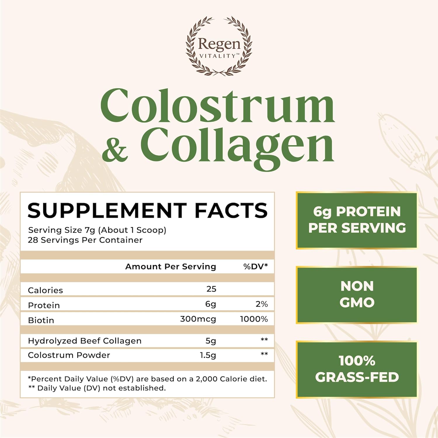 New Zealand Bovine Colostrum & Collagen Powder for Gut, Hair, Skin, Joints - Vanilla Bean (28 Servings)