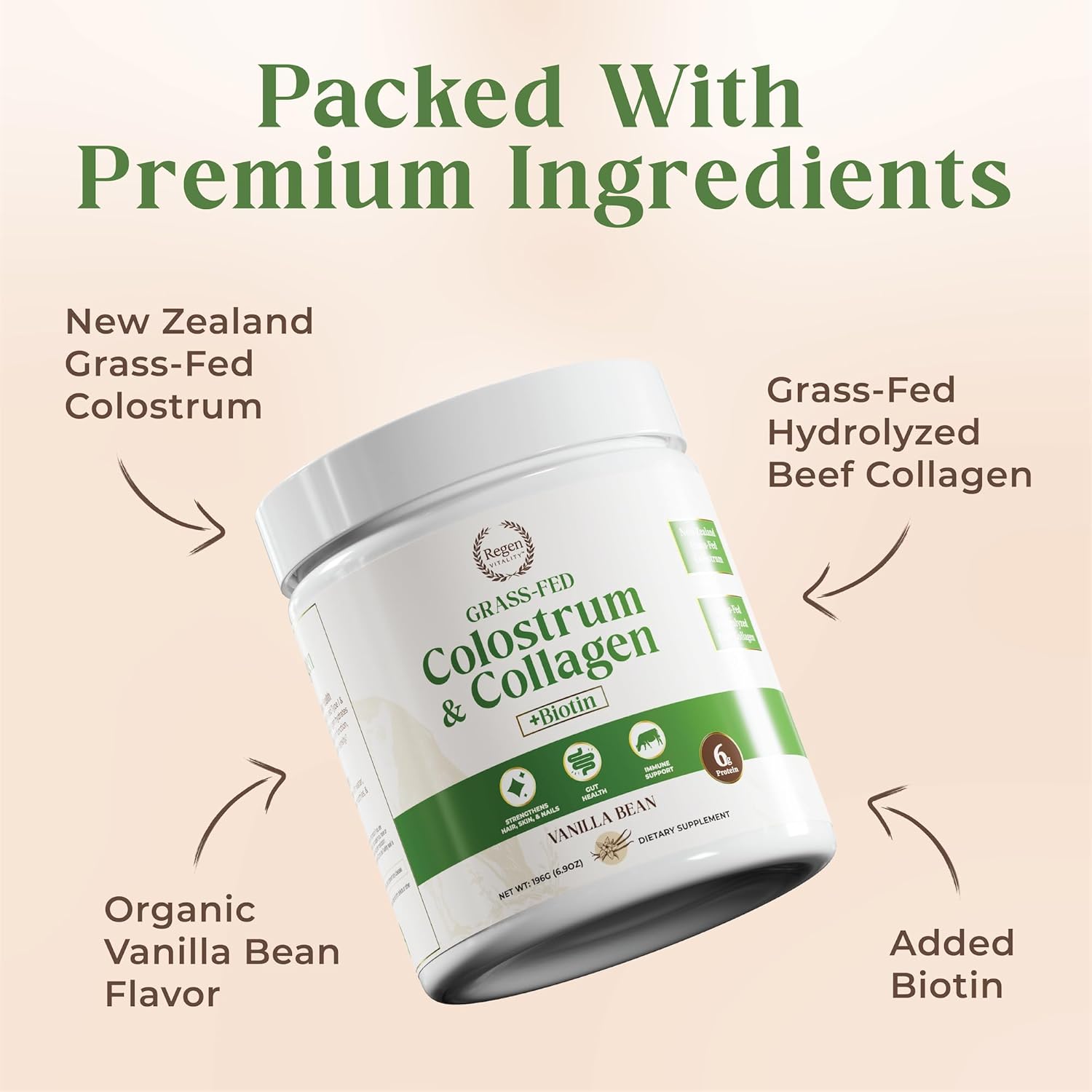 New Zealand Bovine Colostrum & Collagen Powder for Gut, Hair, Skin, Joints - Vanilla Bean (28 Servings)