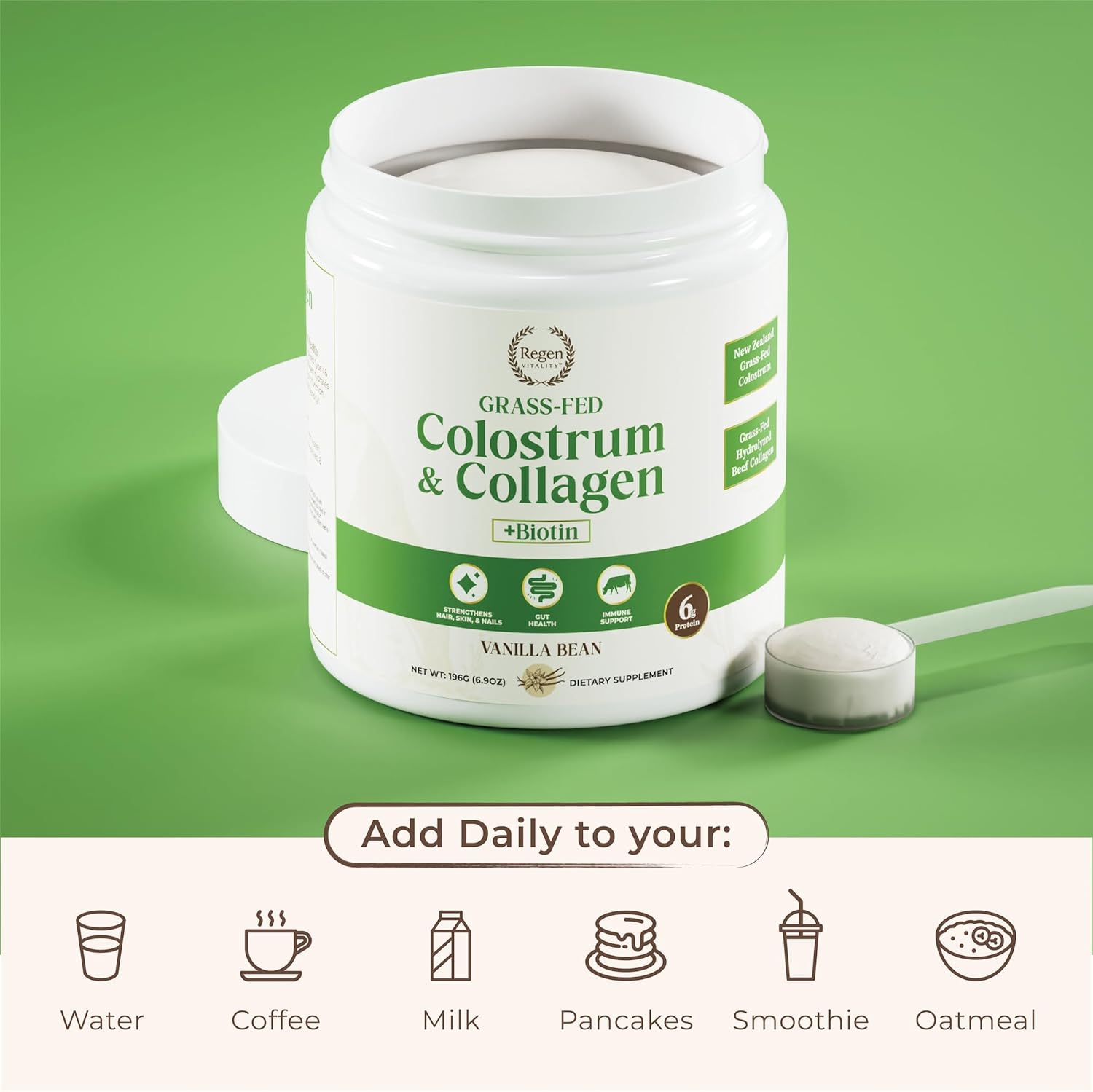 New Zealand Bovine Colostrum & Collagen Powder for Gut, Hair, Skin, Joints - Vanilla Bean (28 Servings)