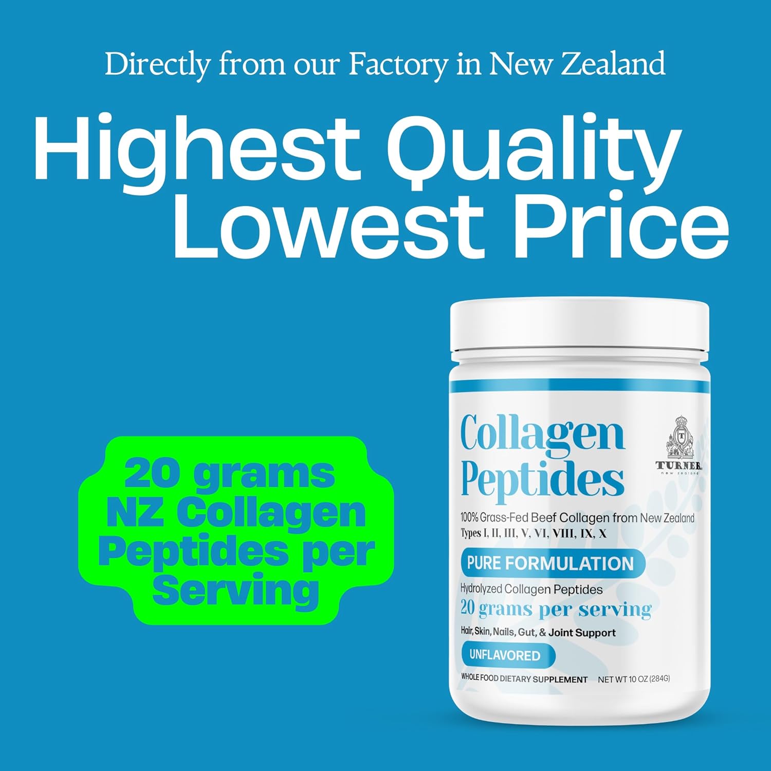 New Zealand Grass-Fed Beef Bone Collagen Peptides Powder - Pure Formula, Unflavored (10 oz)